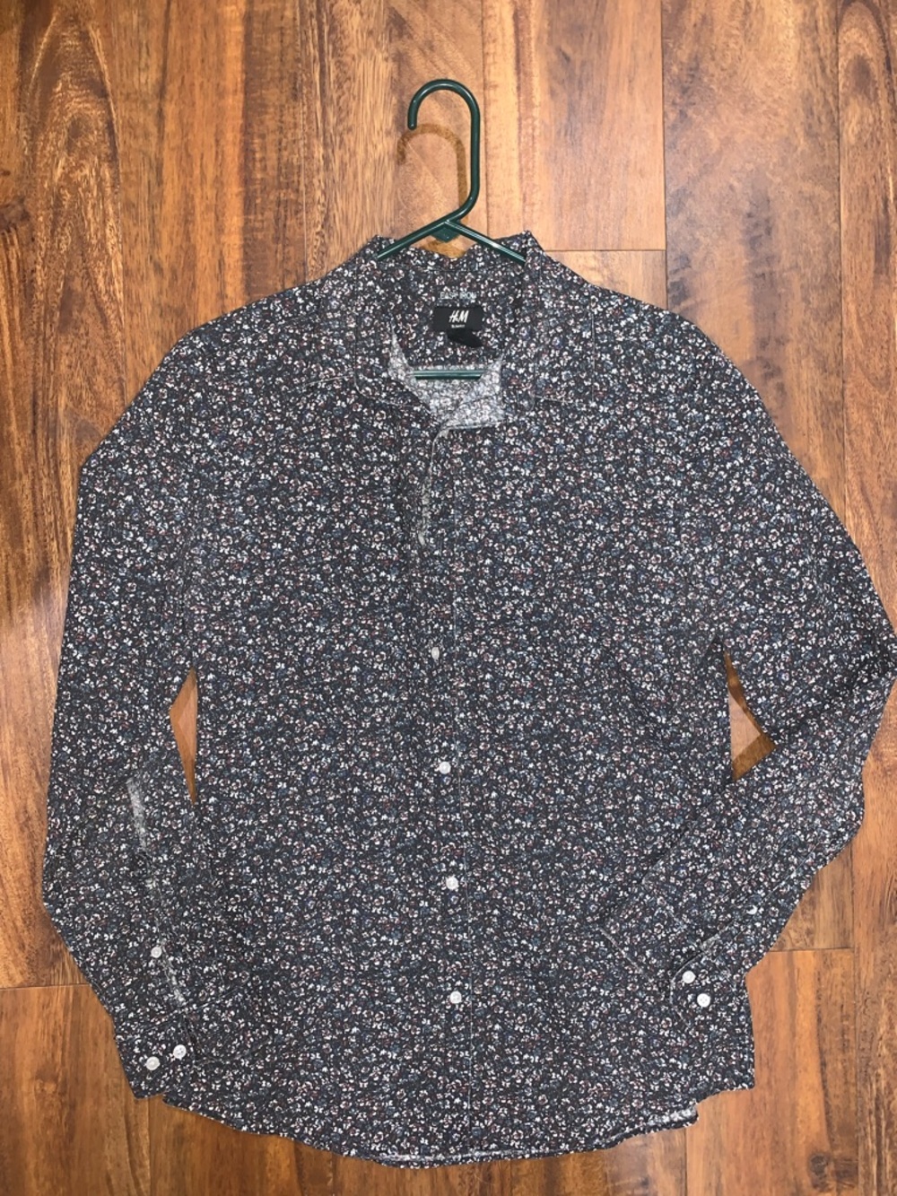 H&M Black Floral Button-Down Easy Iron Shirt with Red and White Accents